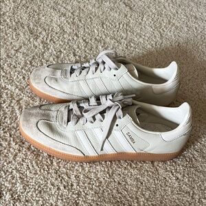 Adidas cream, gray, and white womens sambas
